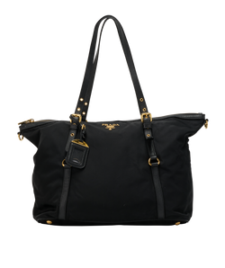 Tessuto Nylon Tote, Nylon/Leather, Black, 158, 3*